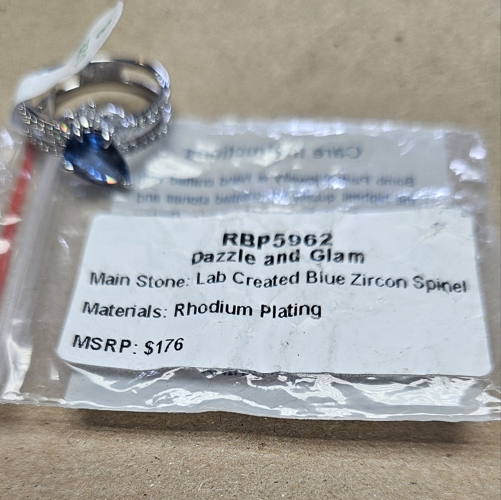 Bomb Party Lab Created Blue Zircon Spinel With Rhodium Plating. Size 8.
